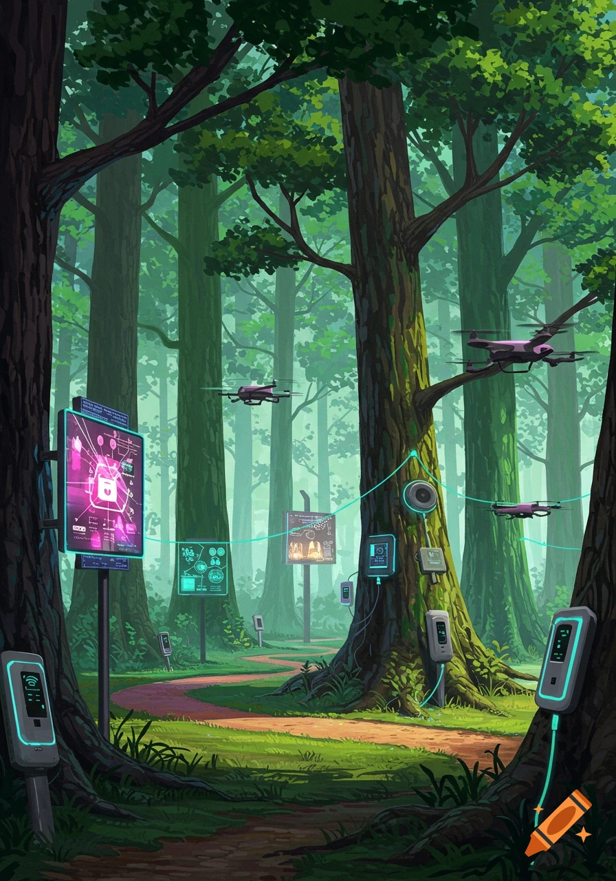 Vibrant digital art of a forest intertwining with glowing futuristic tech, including screens, charging stations, and pink drones.