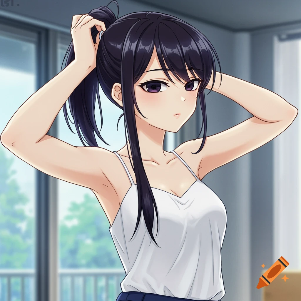An anime girl with long dark hair, wearing a white camisole, tying her hair into a ponytail. She looks towards the viewer in a room with a blurred window background.