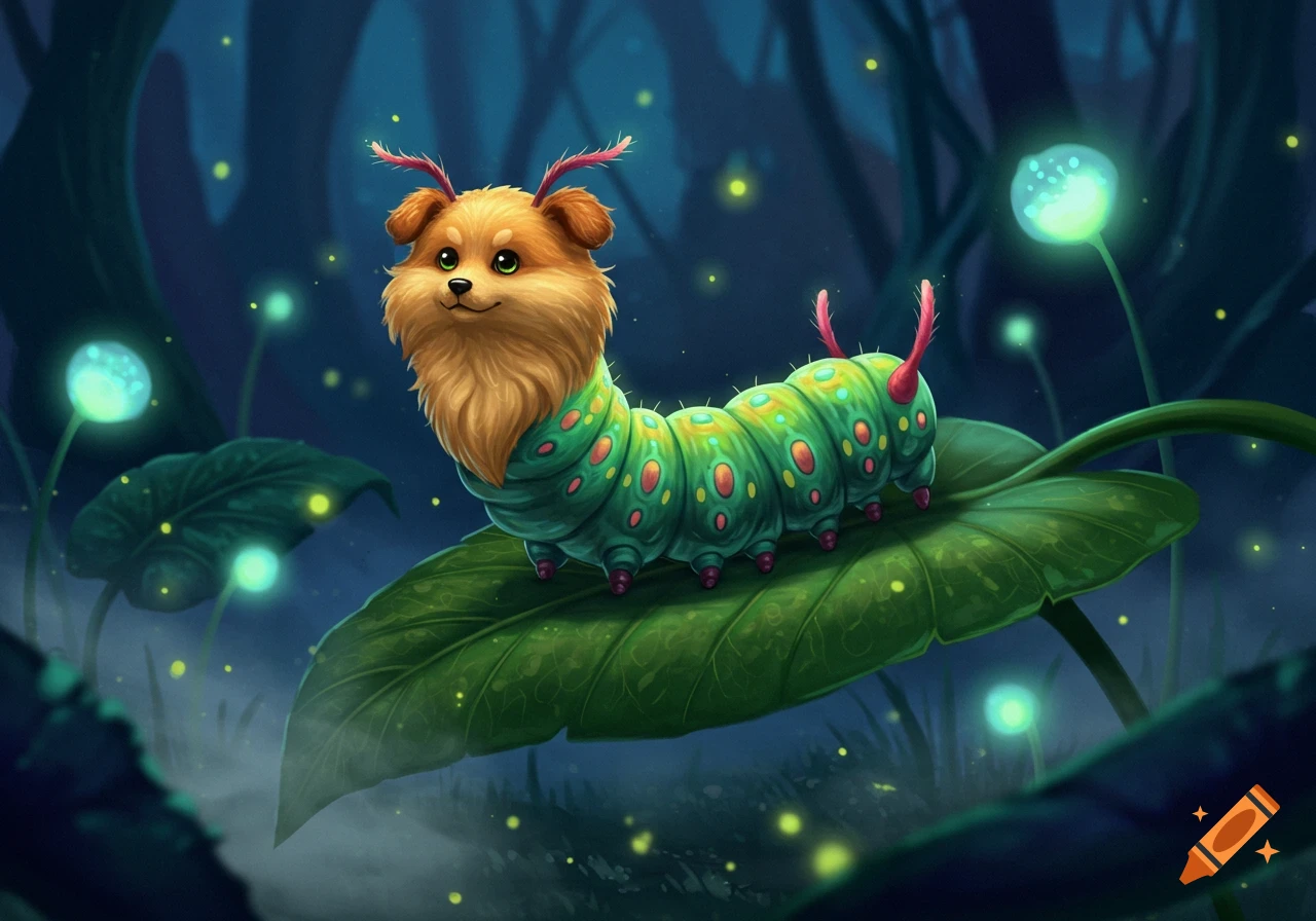 A fluffy, golden-brown dog's head on a vibrant green caterpillar body with pink antennae, resting on a large leaf in a dark, mystical forest illuminated by glowing light sources.
