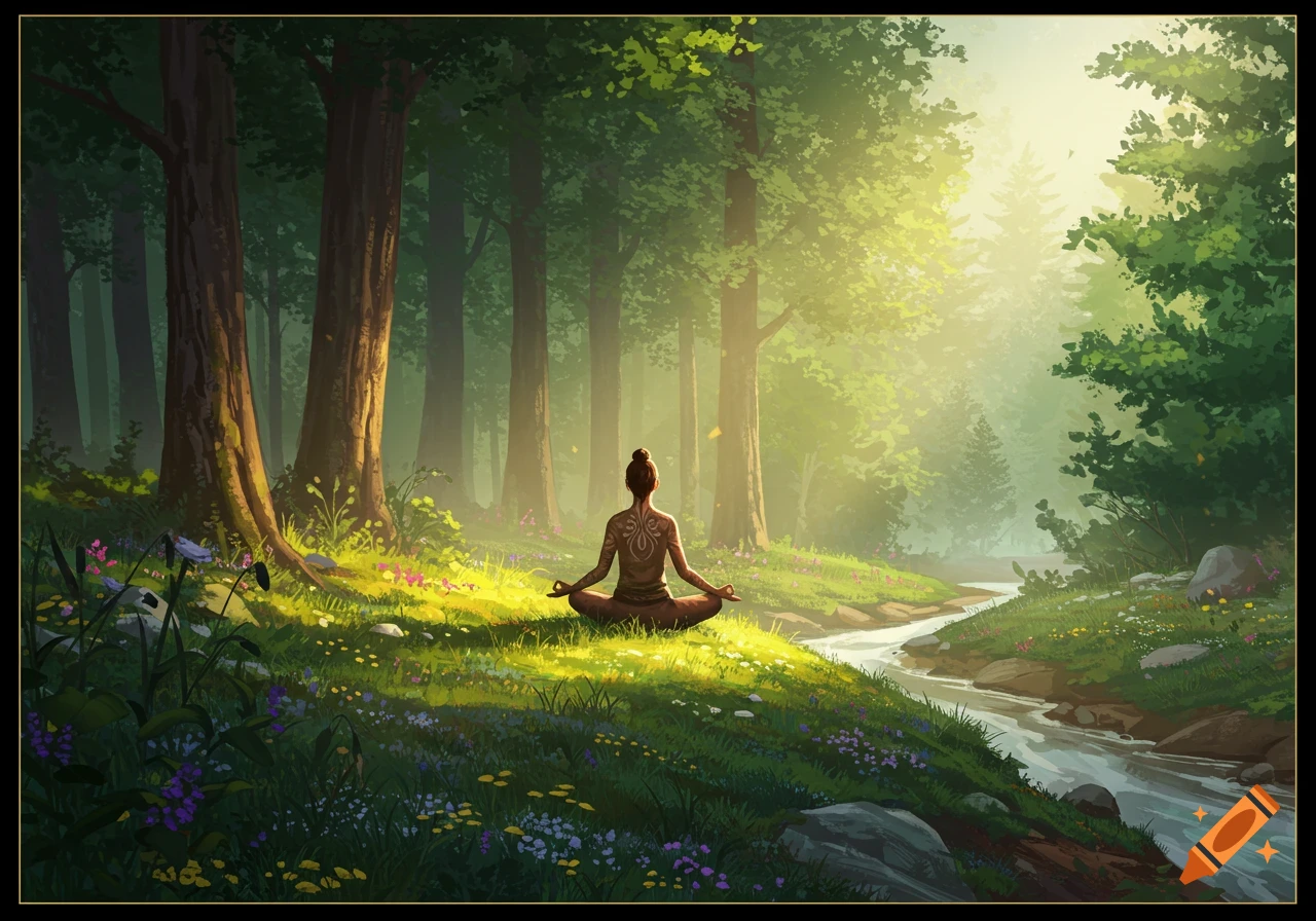 A person meditating in a lotus pose in a lush green forest, with a stream flowing by and sunlight filtering through the trees.
