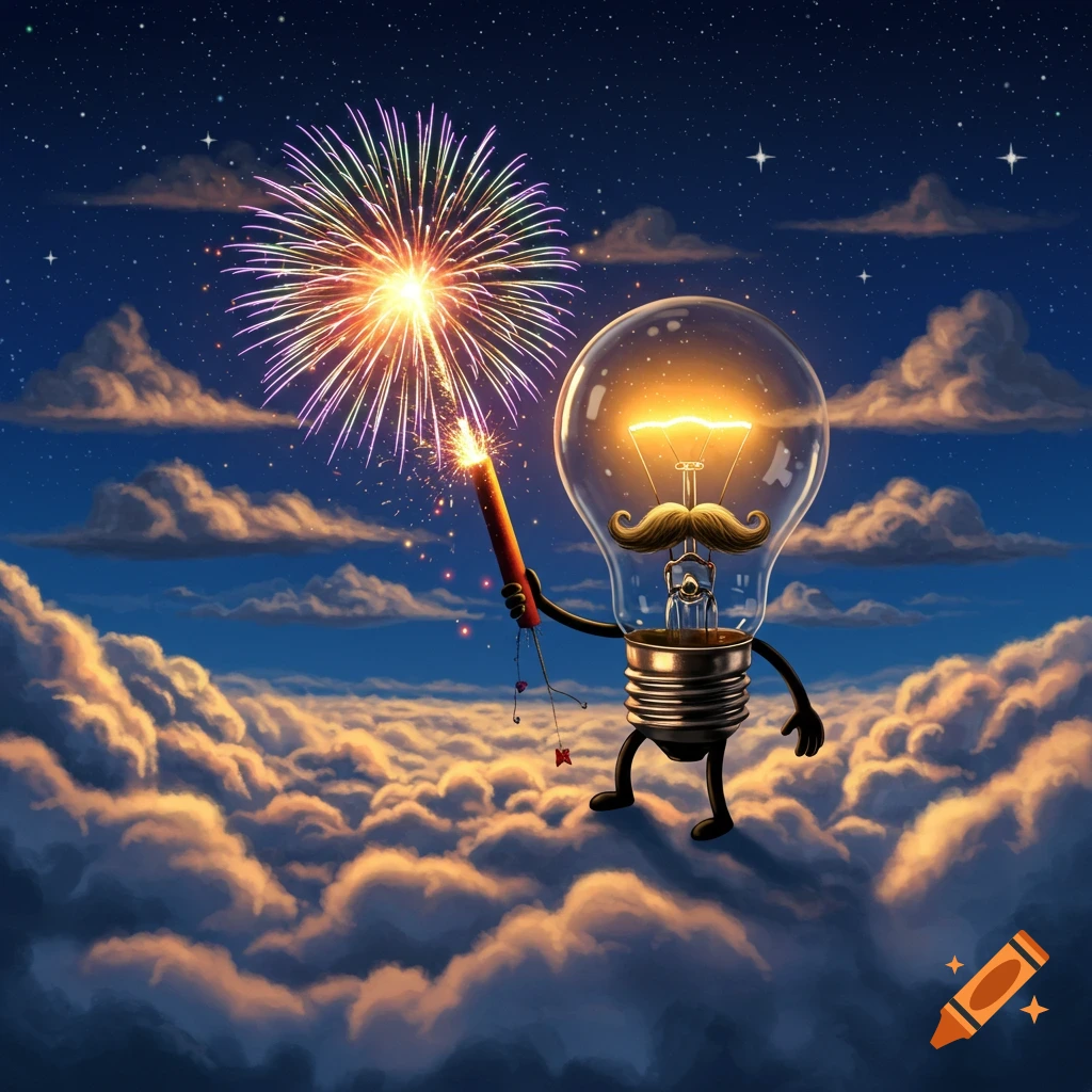 A whimsical lightbulb character with a mustache holds a lit firework, creating a colorful burst in a starry night sky above clouds.