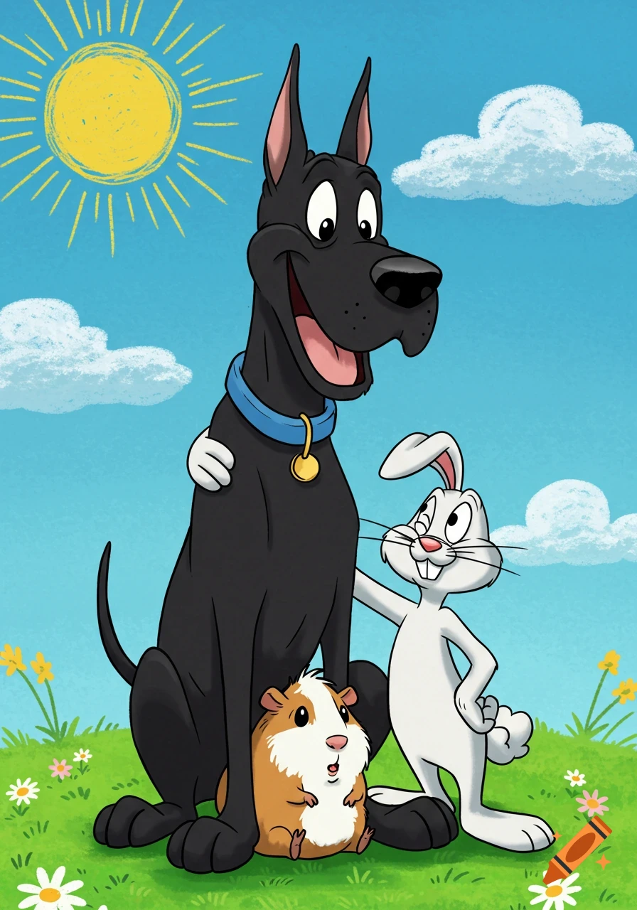 Cartoon black Great Dane with its arms around a guinea pig and a white rabbit in a sunny, grassy field.