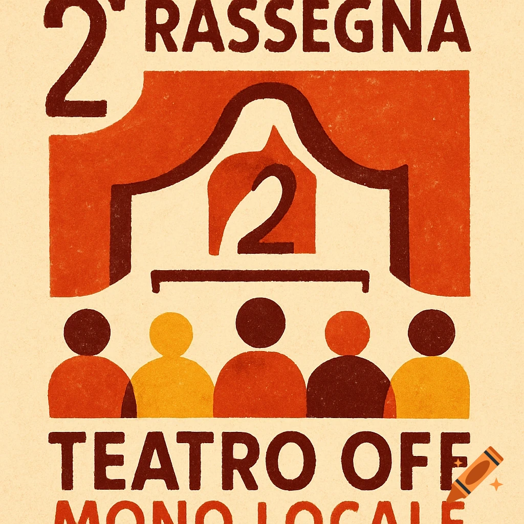 A stylized poster for a theater event with a minimalist stage and audience, featuring text '2ª RASSEGNA TEATRO OFF MONO LOCALE' in a blocky, textured style.