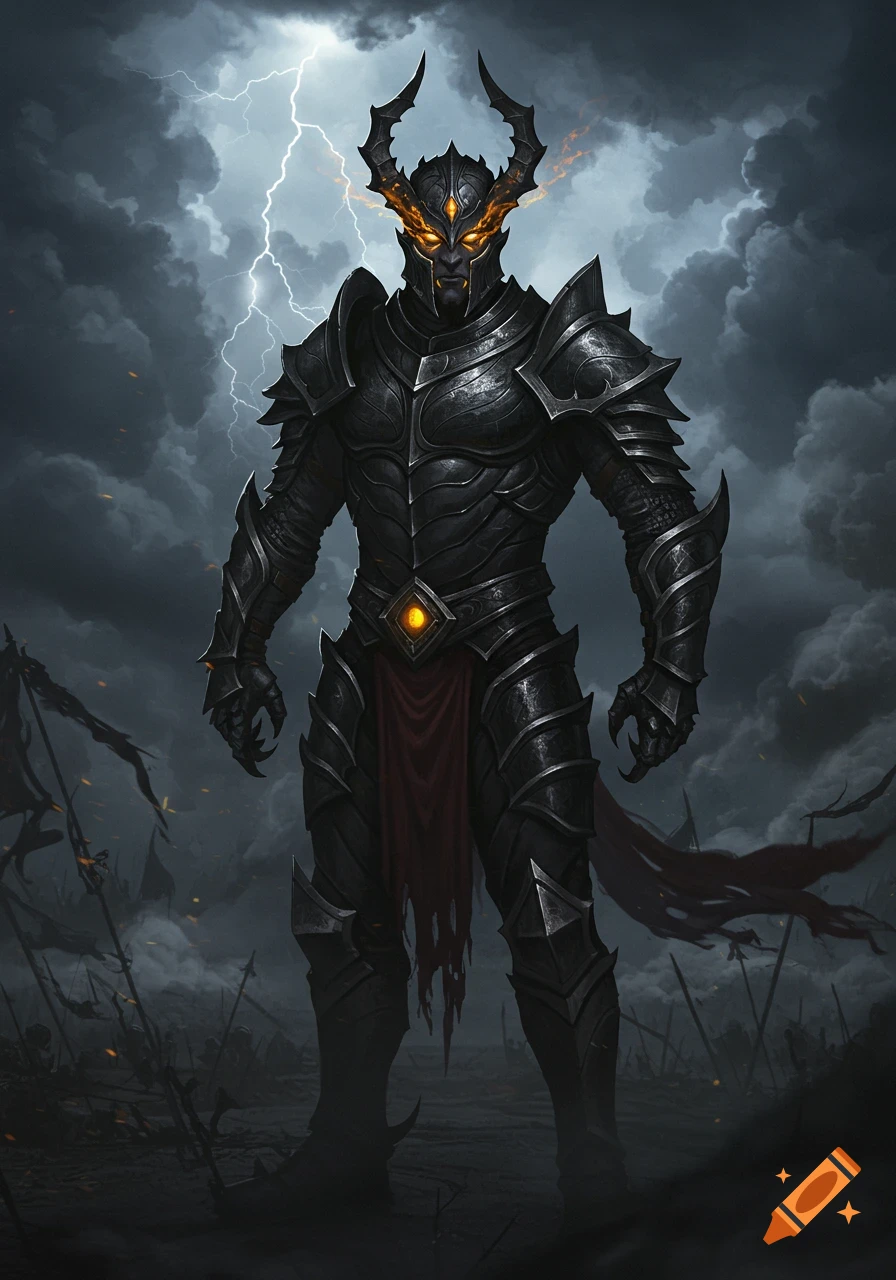 A dark fantasy warrior in horned black armor with glowing eyes stands on a stormy battlefield with lightning.