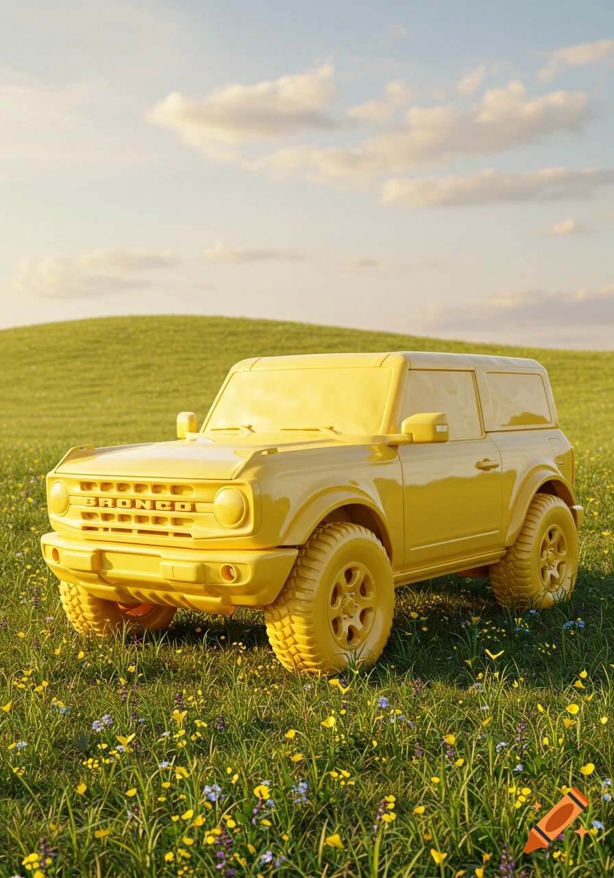 A yellow Ford Bronco, appearing to be made of butter, sits in a sunny green field dotted with small colorful flowers.