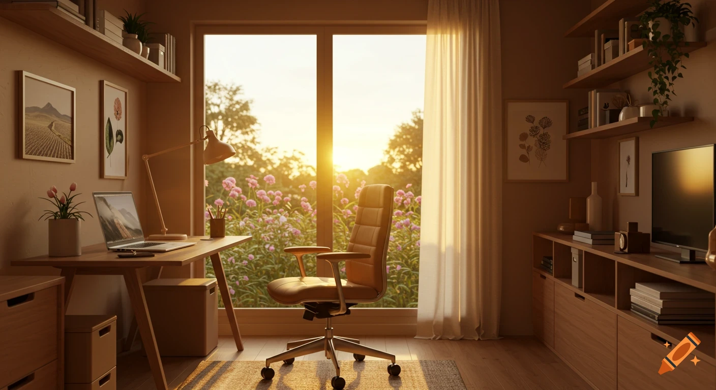Warm, photorealistic home office with a desk, laptop, ergonomic chair, shelves, and a sunny window view of pink flowers.