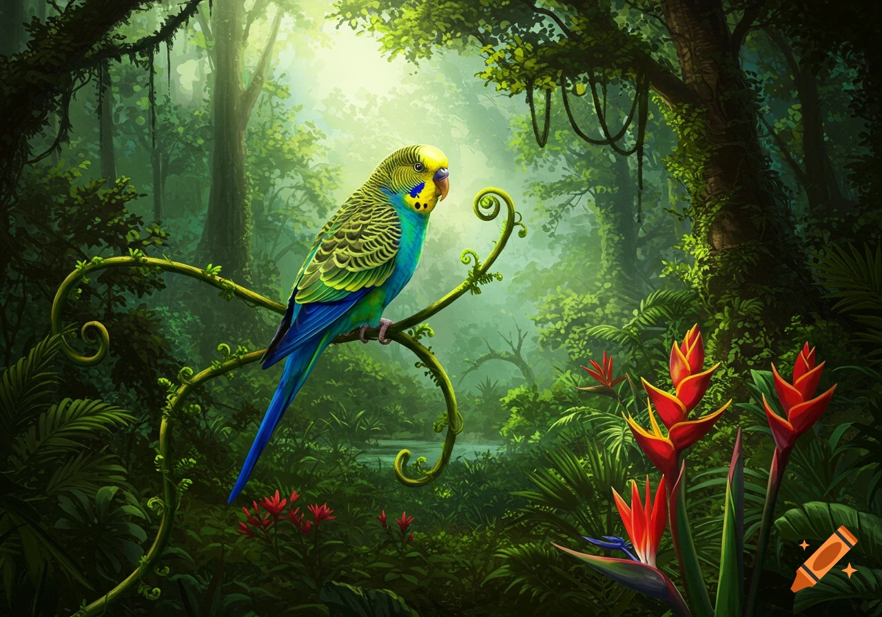 A vibrant green and blue parakeet perches on a winding vine in a lush, sun-dappled tropical jungle with red flowers.