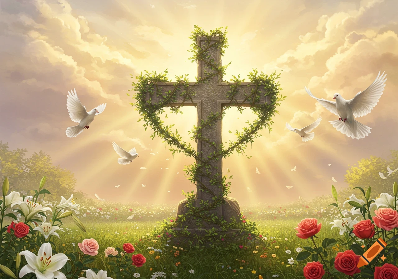 A stone cross covered in ivy forming a heart stands in a sunny field of lilies and roses, with white doves flying in a radiant sky.