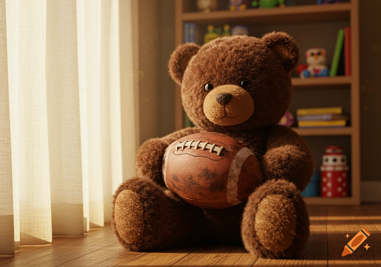 A photorealistic brown teddy bear sits on a wooden floor, holding a football, with a bookshelf and curtains in the background.