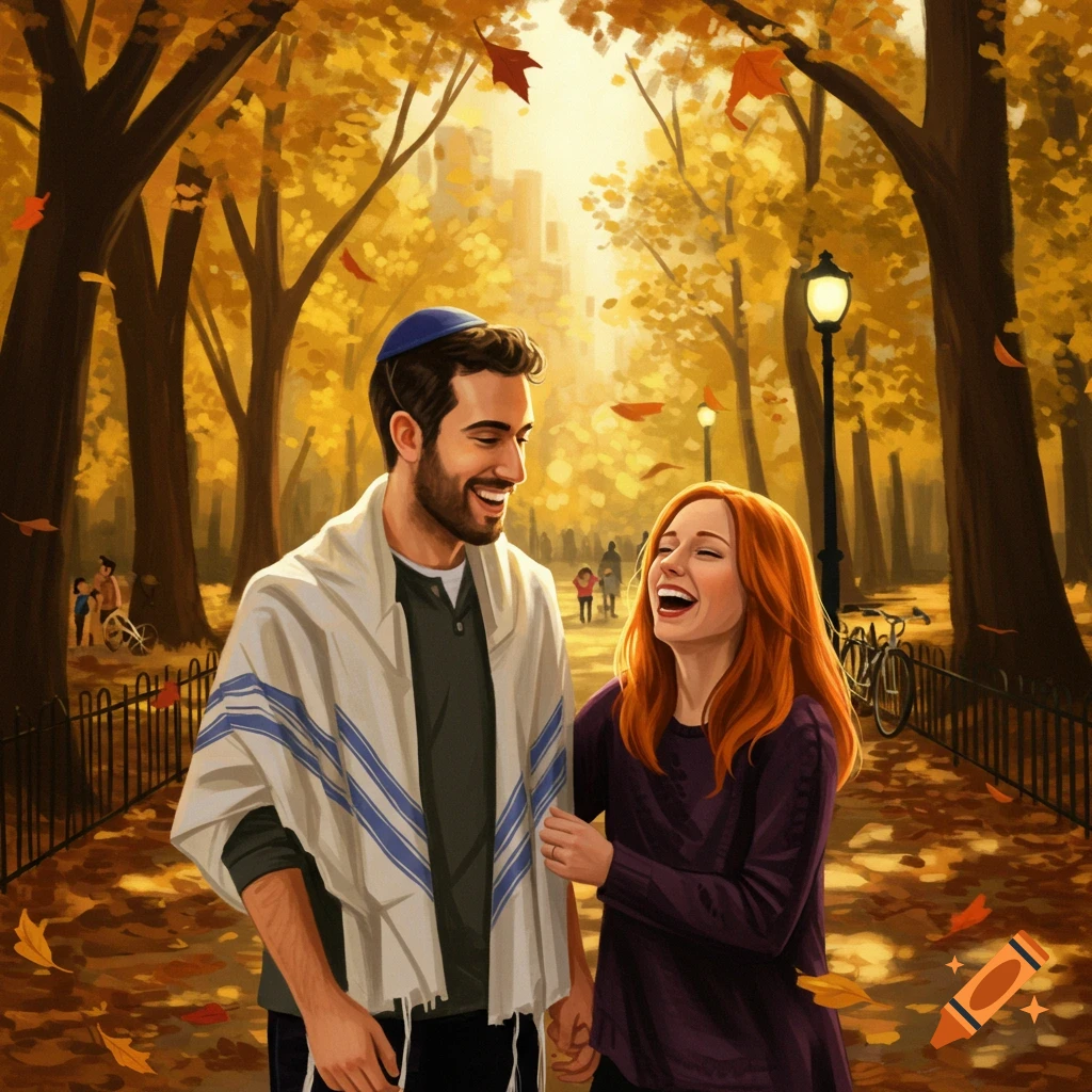 A smiling Jewish couple, man with kippah and tallit, woman with red hair, walk through a vibrant autumn park, digital painting.