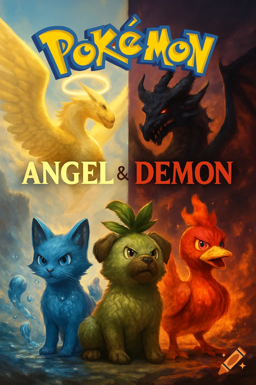 A digital painting of a Pok 00e9mon-themed cover with angelic and demonic dragons, and three elemental creatures below.