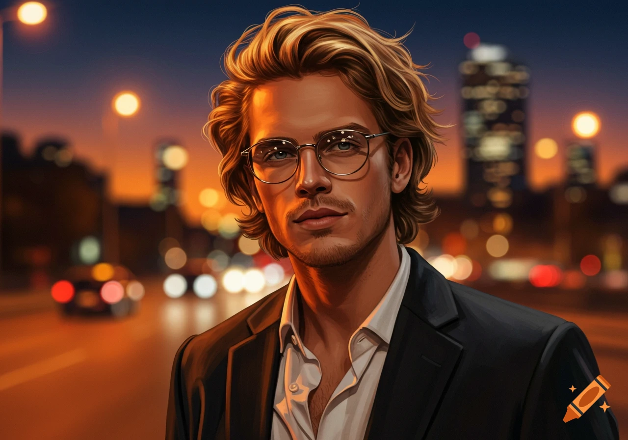 A handsome man with wavy blond hair and glasses in a suit jacket looks forward against a blurred cityscape at dusk.