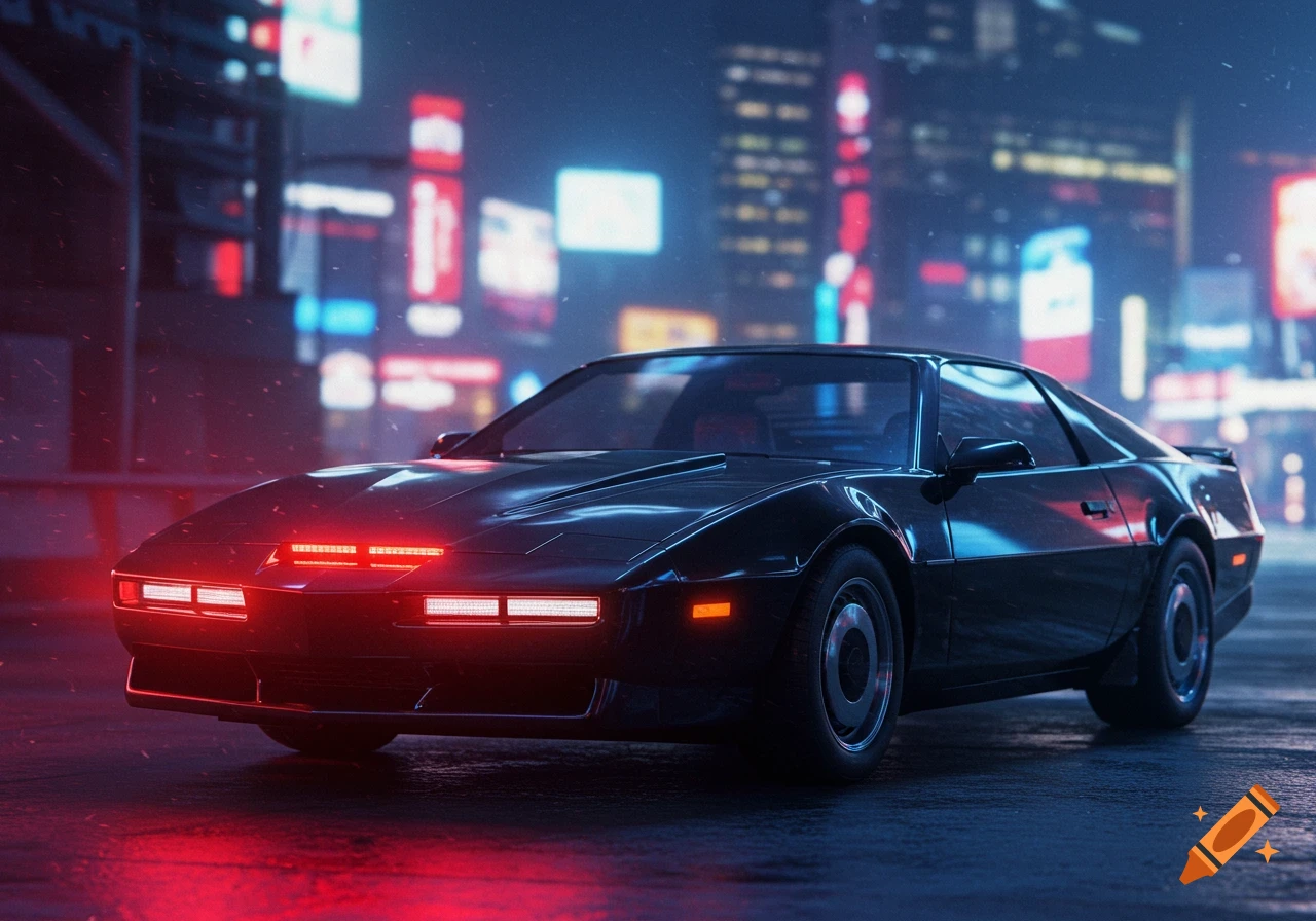 A black car, reminiscent of KITT, with glowing red and white lights, parked on a wet street at night in a neon-lit city.