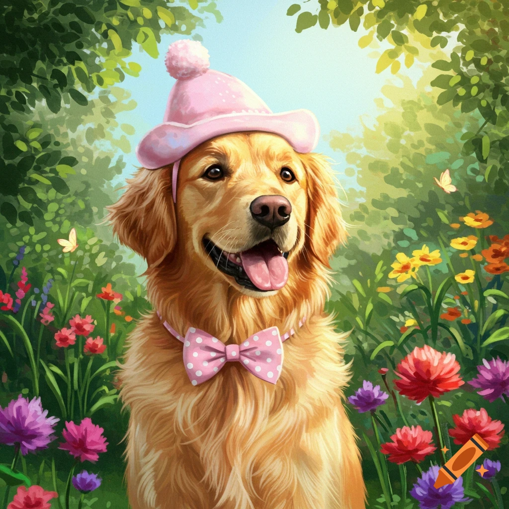 A smiling golden retriever wears a pink hat and polka dot bowtie in a vibrant field of colorful flowers.