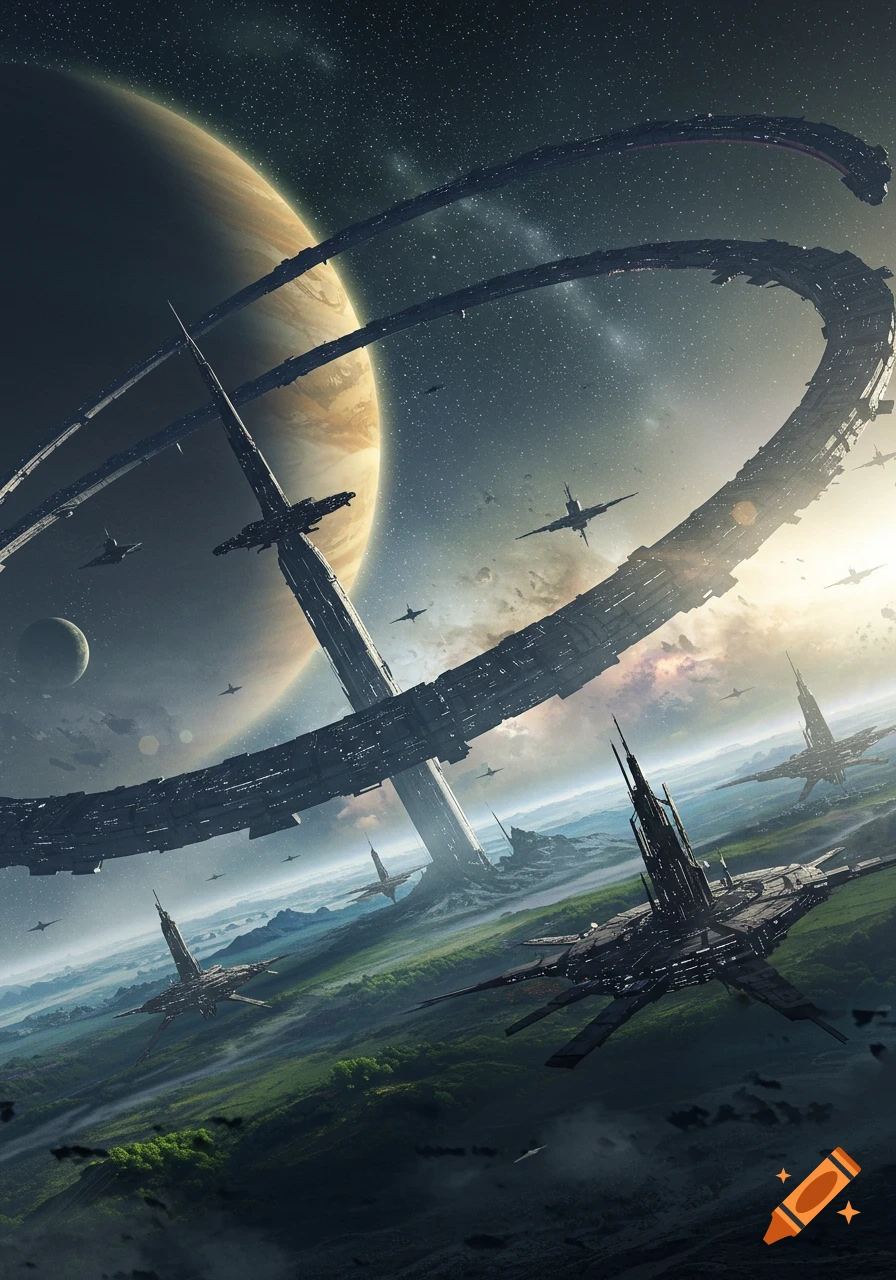 A vast ringworld structure orbits a large planet with a ring system, with smaller spaceships flying over a lush green landscape below.