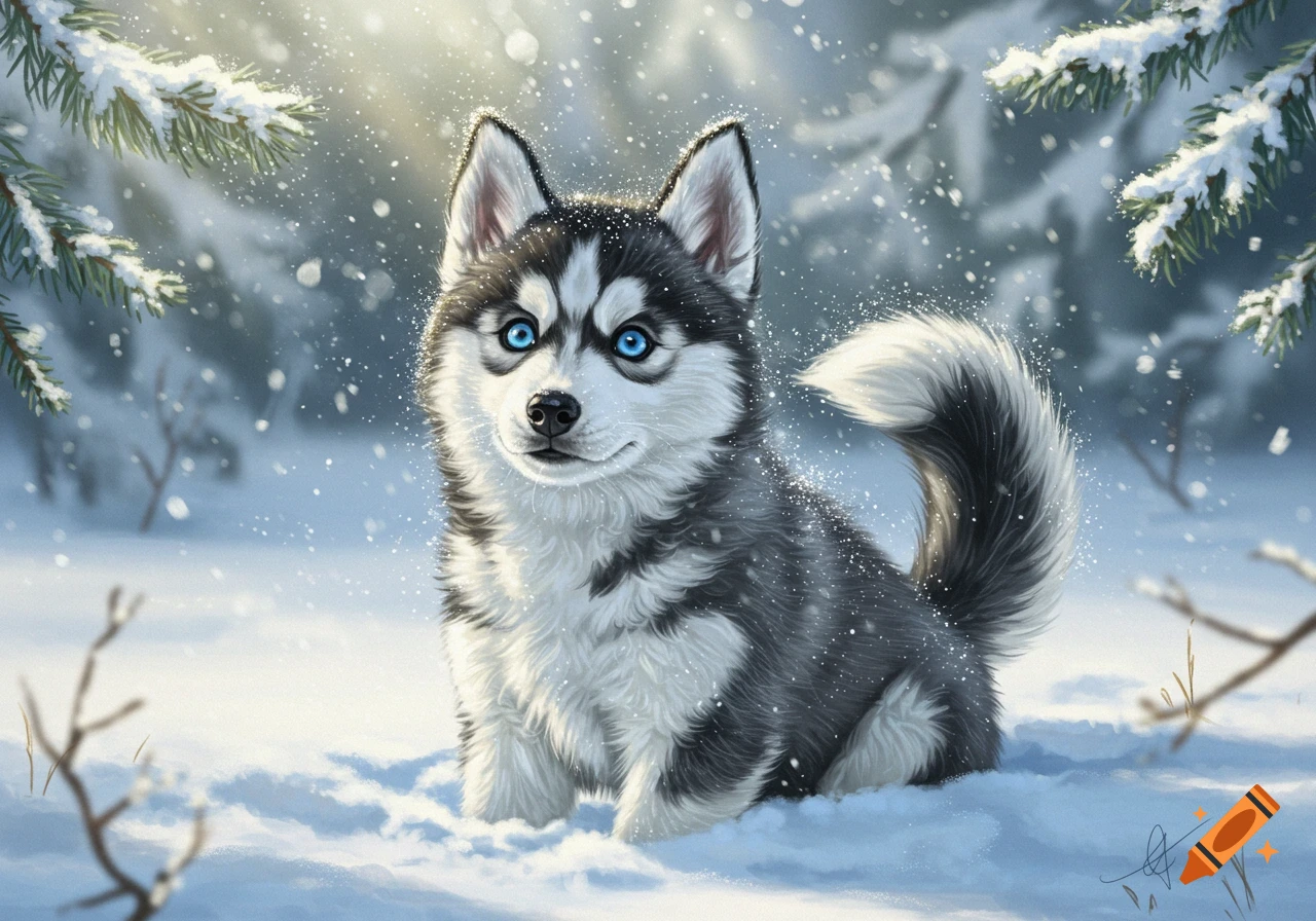 Fluffy black and white husky puppy with bright blue eyes sits in a snowy forest with falling snow, illustration.