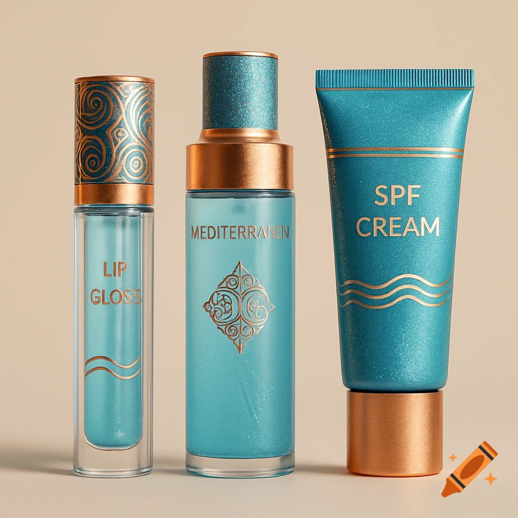 Three cosmetic products: a lip gloss, a spray bottle labeled 'MEDITERRANEN', and an SPF cream tube, all in sea blue and rose gold.