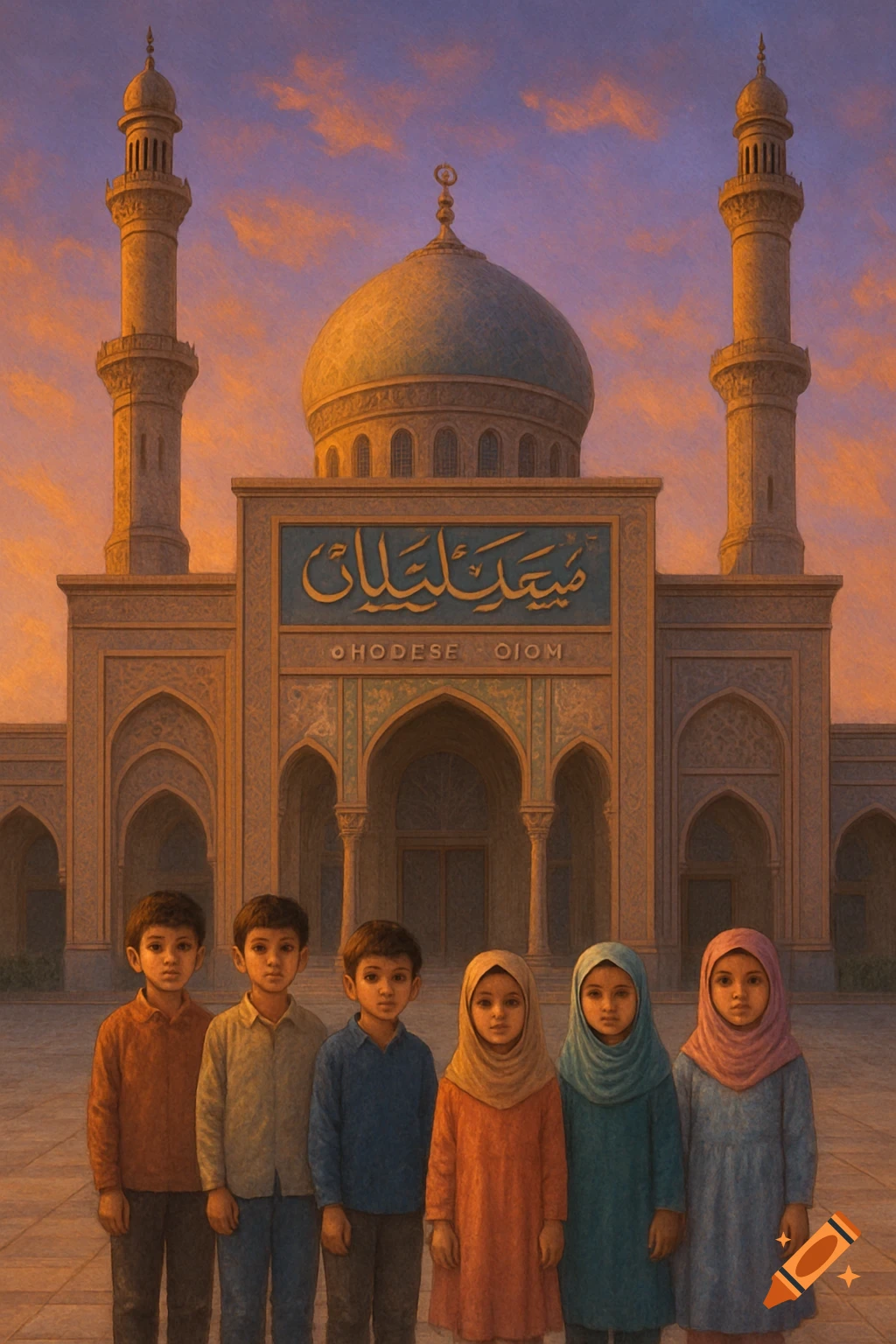 Six children, three boys and three girls in modest clothes, stand in front of a grand mosque with minarets and a dome at sunset.
