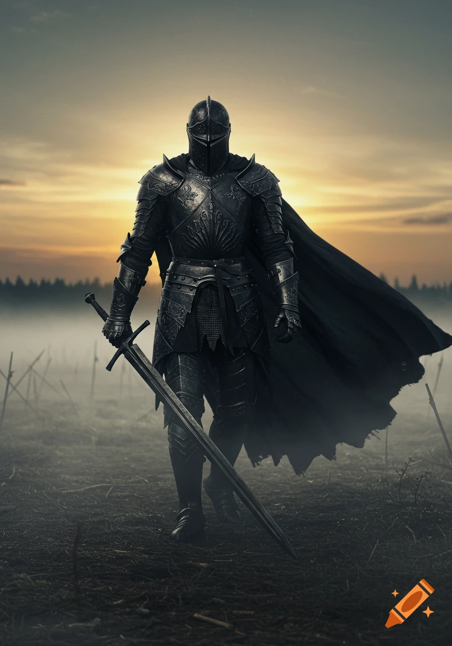 A dark knight in black armor with a cape walks through a misty battlefield at dawn, holding a sword. Photorealistic.