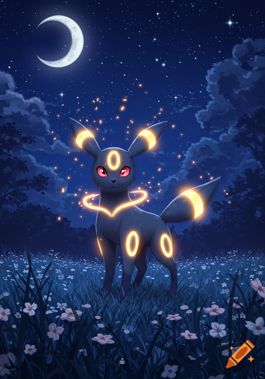 An Umbreon with glowing yellow rings stands in a field of white flowers under a starry night sky with a crescent moon.