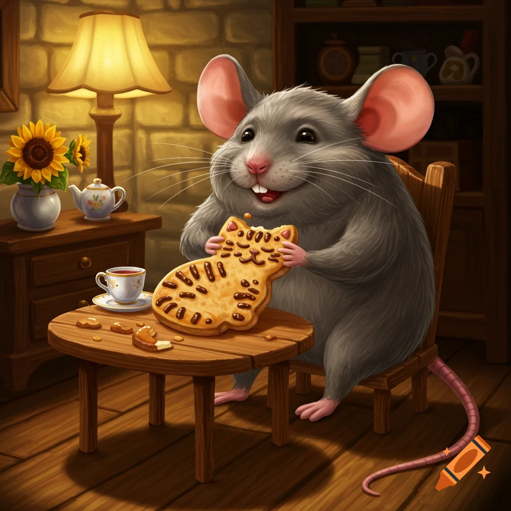 A happy cartoon mouse sits at a wooden table, eating a cat-shaped cookie in a cozy, warmly lit room.