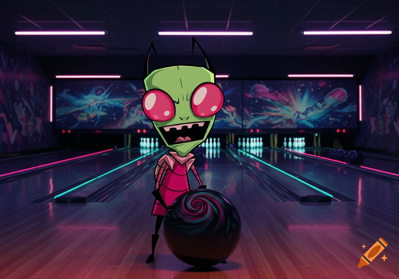 Invader Zim in a neon-lit bowling alley, holding a bowling ball with a swirling design, ready to bowl.