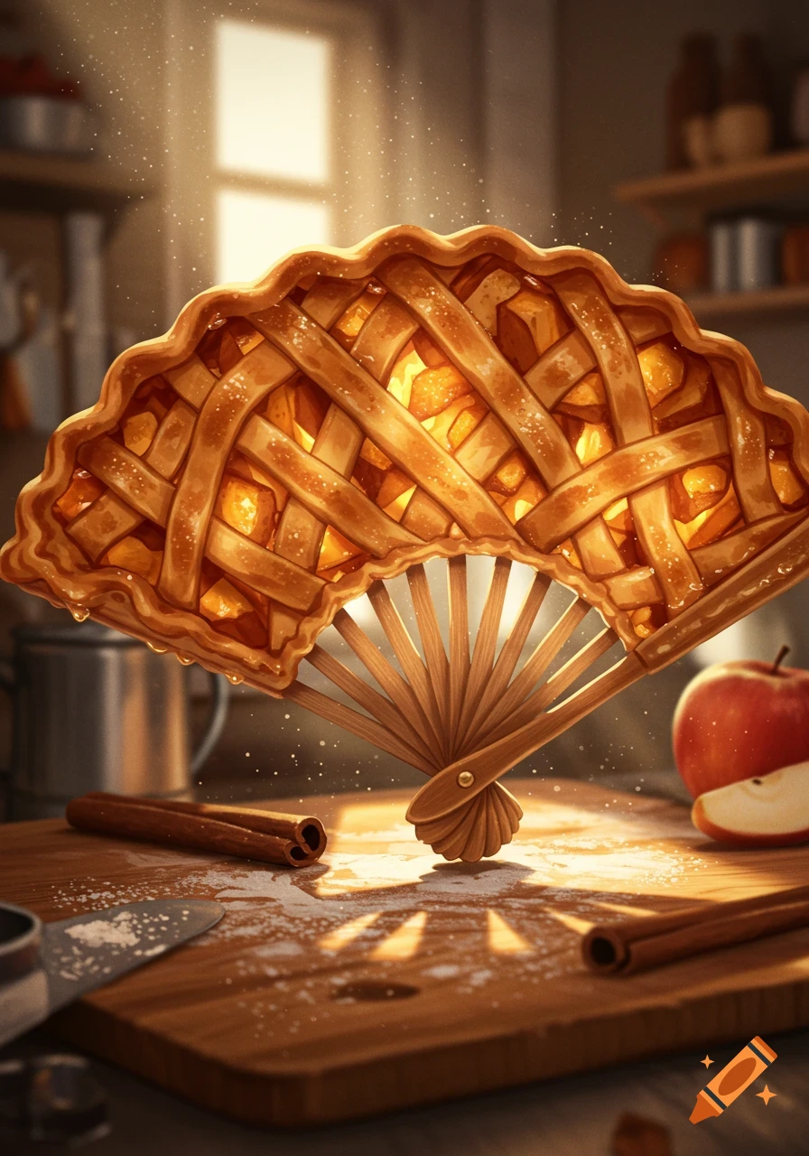 An apple pie crafted into a hand fan, resting on a wooden cutting board with cinnamon sticks and a sliced apple in a sunlit kitchen.