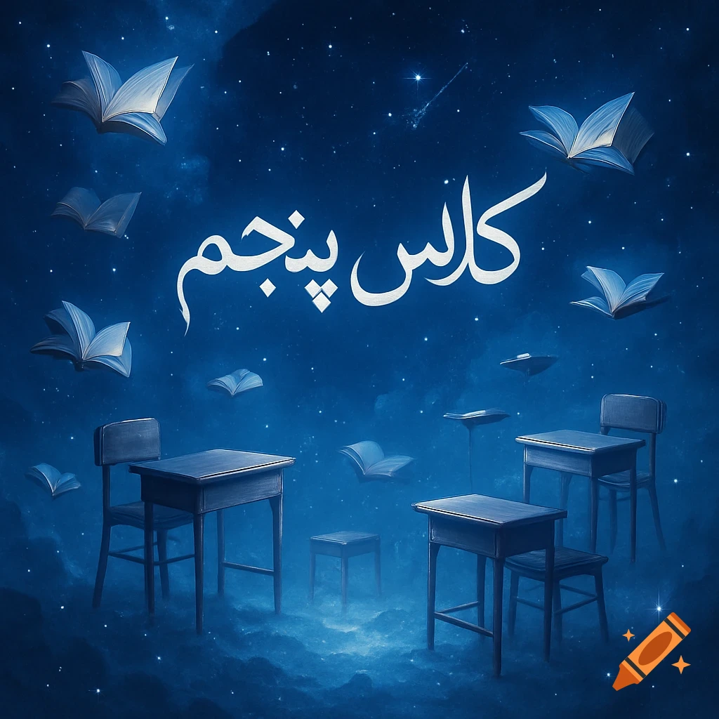 School desks, chairs, and open books float in a starry blue night sky, with 'کلاس پنجم' (Fifth Grade) text in the middle.