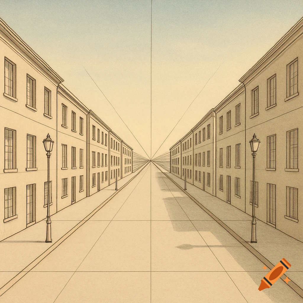 A detailed line drawing of a street with buildings receding into the distance, demonstrating central linear perspective.