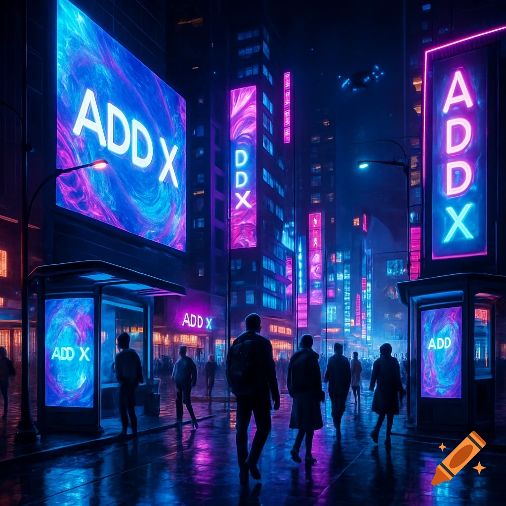 A futuristic cyberpunk city street at night, with neon blue, purple, and pink light reflecting on wet pavement. People walk past glowing billboards displaying 'ADD X' and similar text on tall buildings and bus stops.