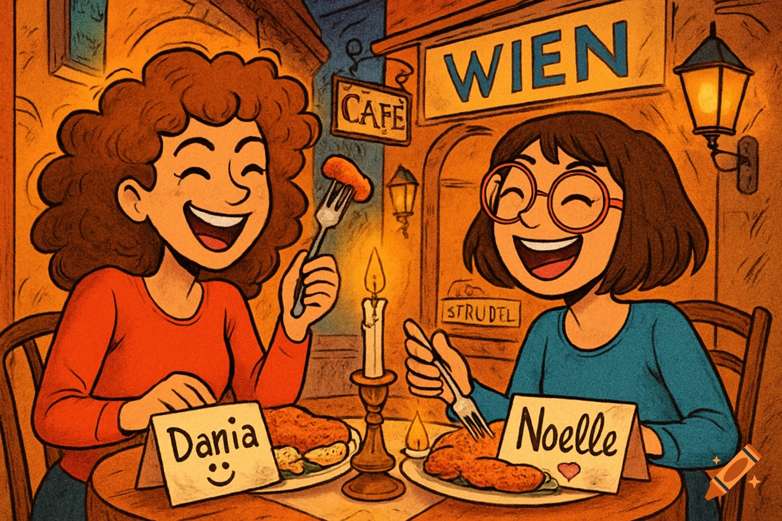 Two happy cartoon women, Dania and Noelle, eat schnitzel at a candlelit cafe in Vienna.