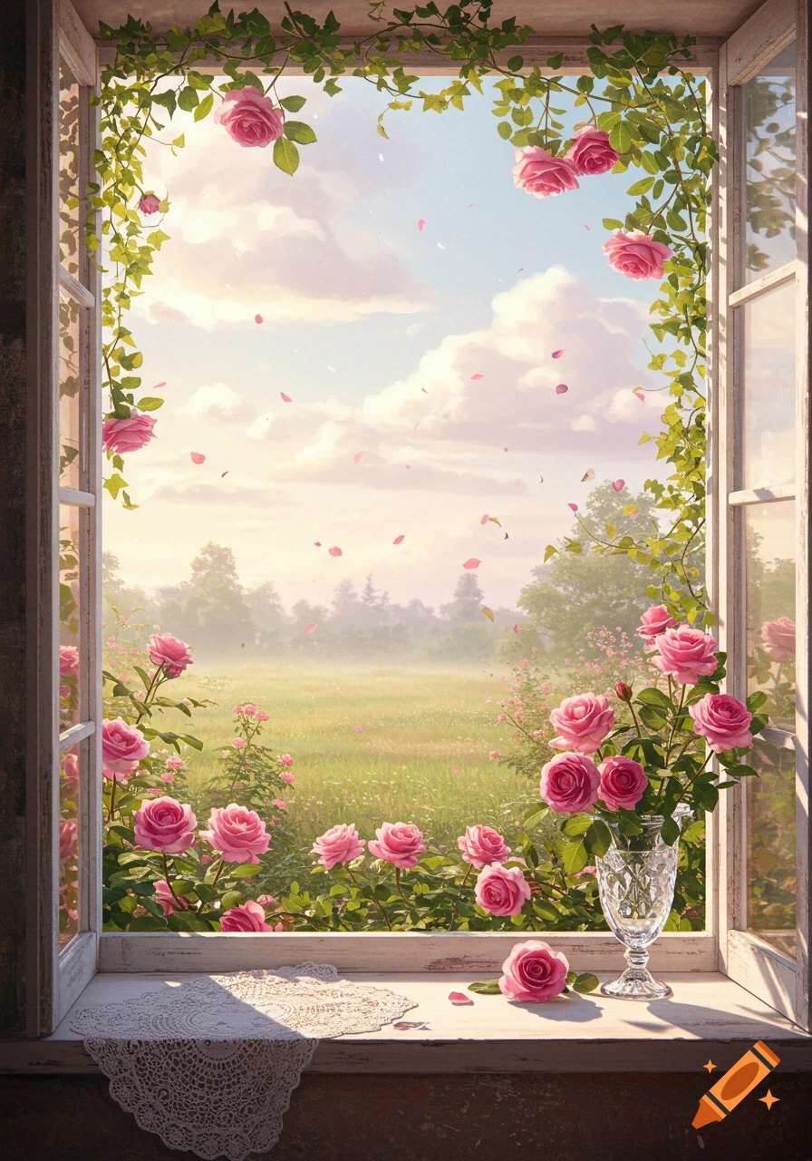 A serene view from a window adorned with pink roses and ivy, overlooking a misty green field under a soft, cloudy sky, with falling rose petals.