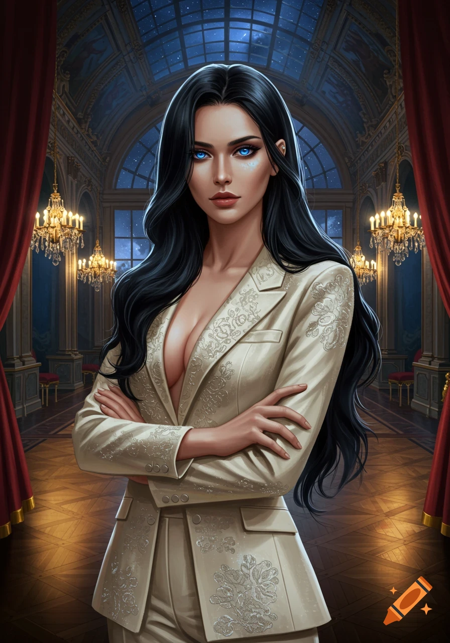 Elegant woman with black hair and striking blue eyes in an ornate cream suit, standing in a grand hall under a starry night sky.