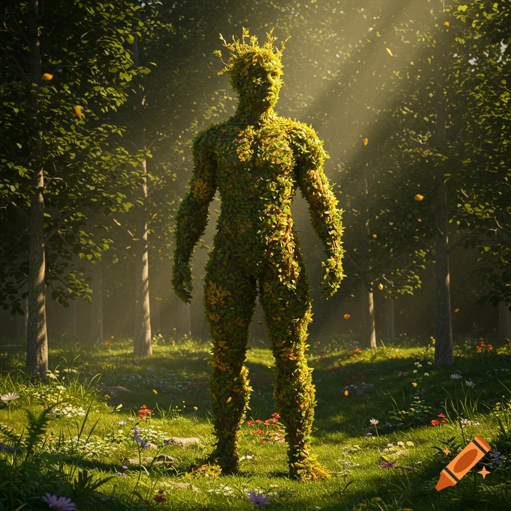 A humanoid figure made of green and yellow leaves stands in a sunlit forest clearing with scattered wildflowers.
