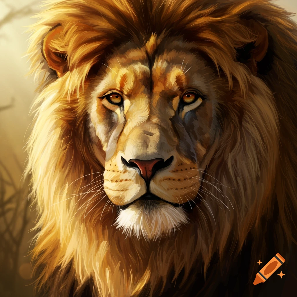 A highly detailed digital painting of a majestic lion's face with a golden-brown mane, looking directly forward.