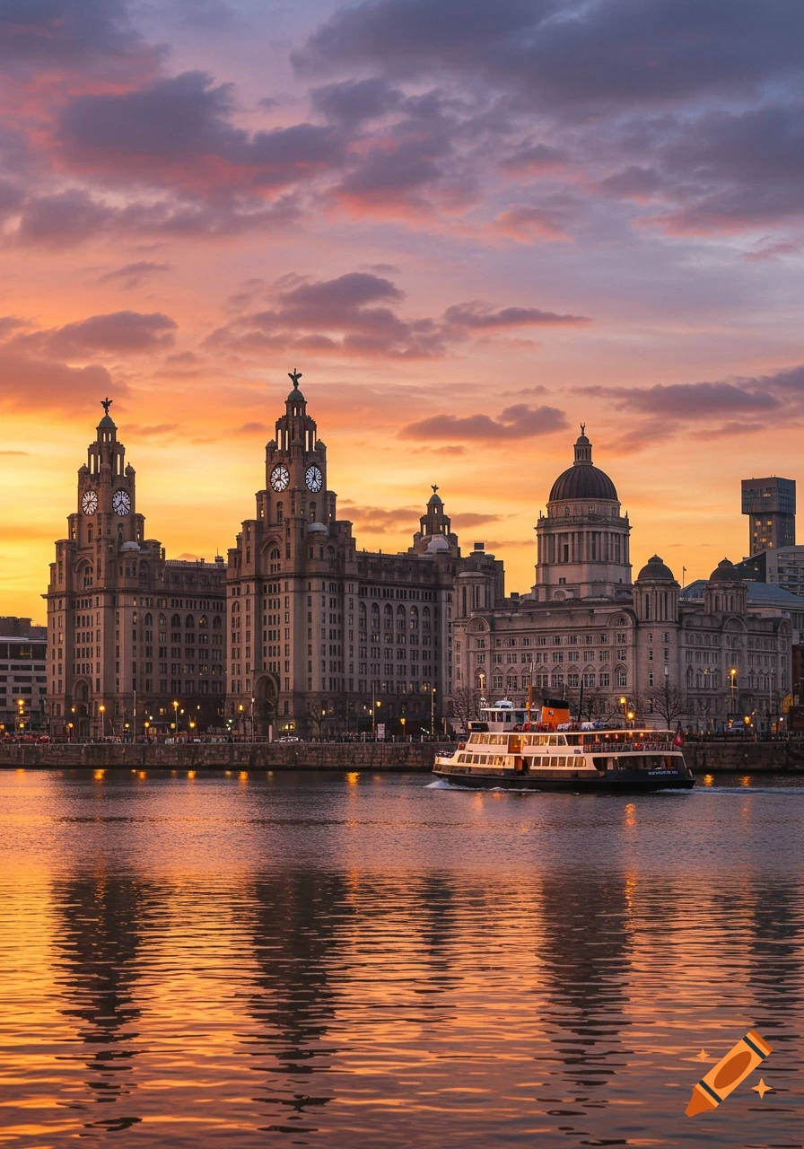 A vibrant sunset over Liverpool's iconic waterfront, featuring the Liver Building and other historic structures, with a ferry crossing the Mersey River reflecting orange and purple clouds.