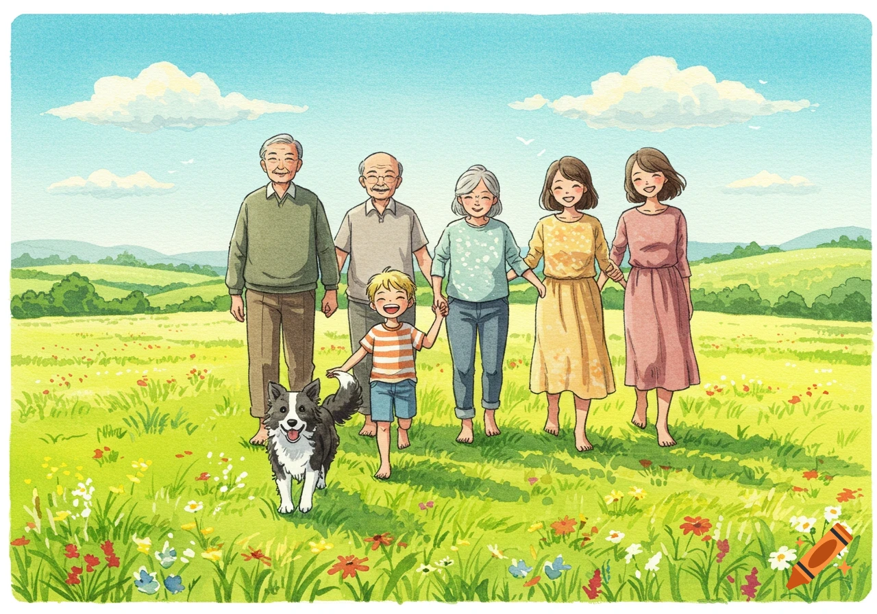 A happy multi-generational family and their dog walk barefoot through a sunny, flower-filled green field in a cheerful watercolor illustration.