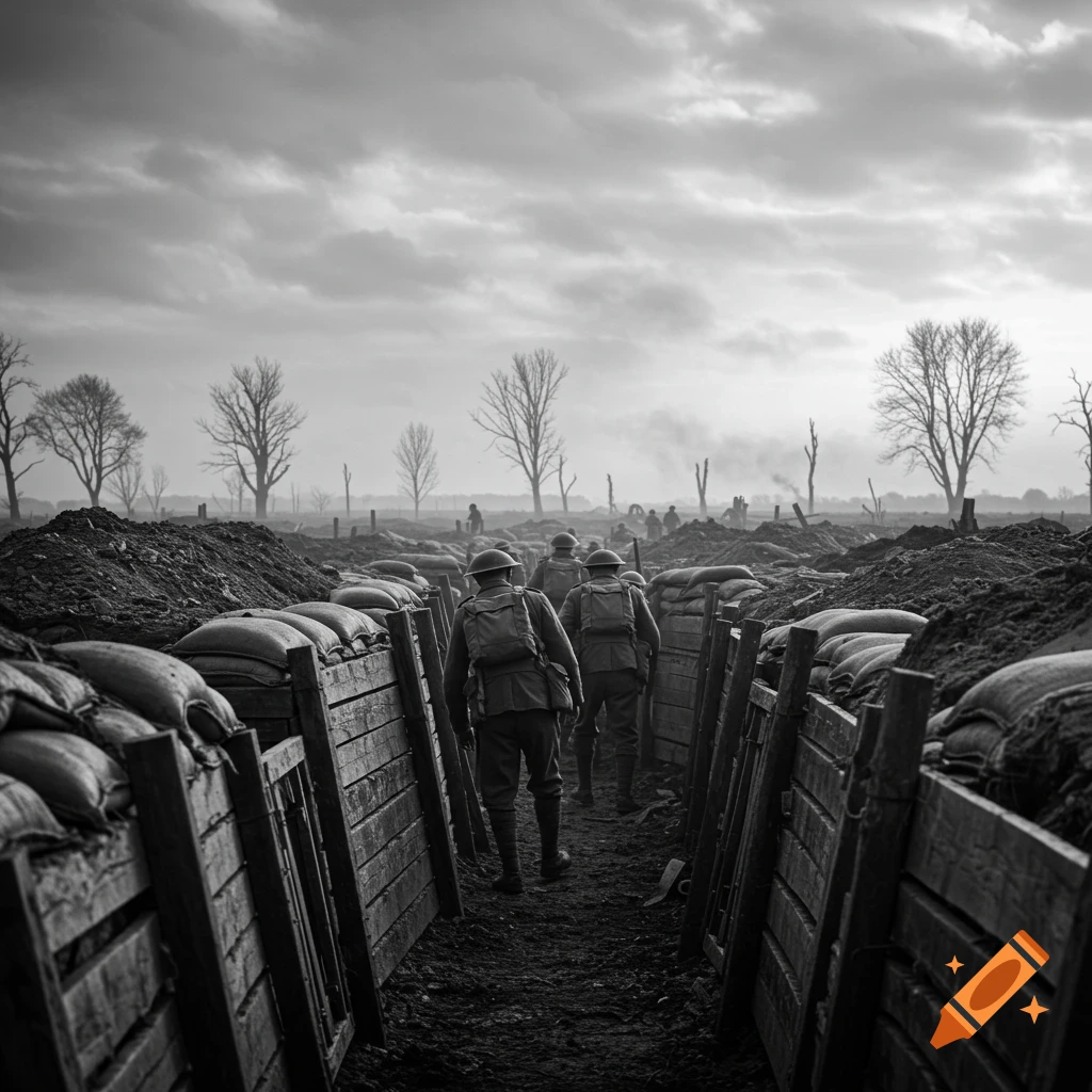 Photorealistic black and white image of soldiers walking through World War I trenches with sandbags and bare trees.