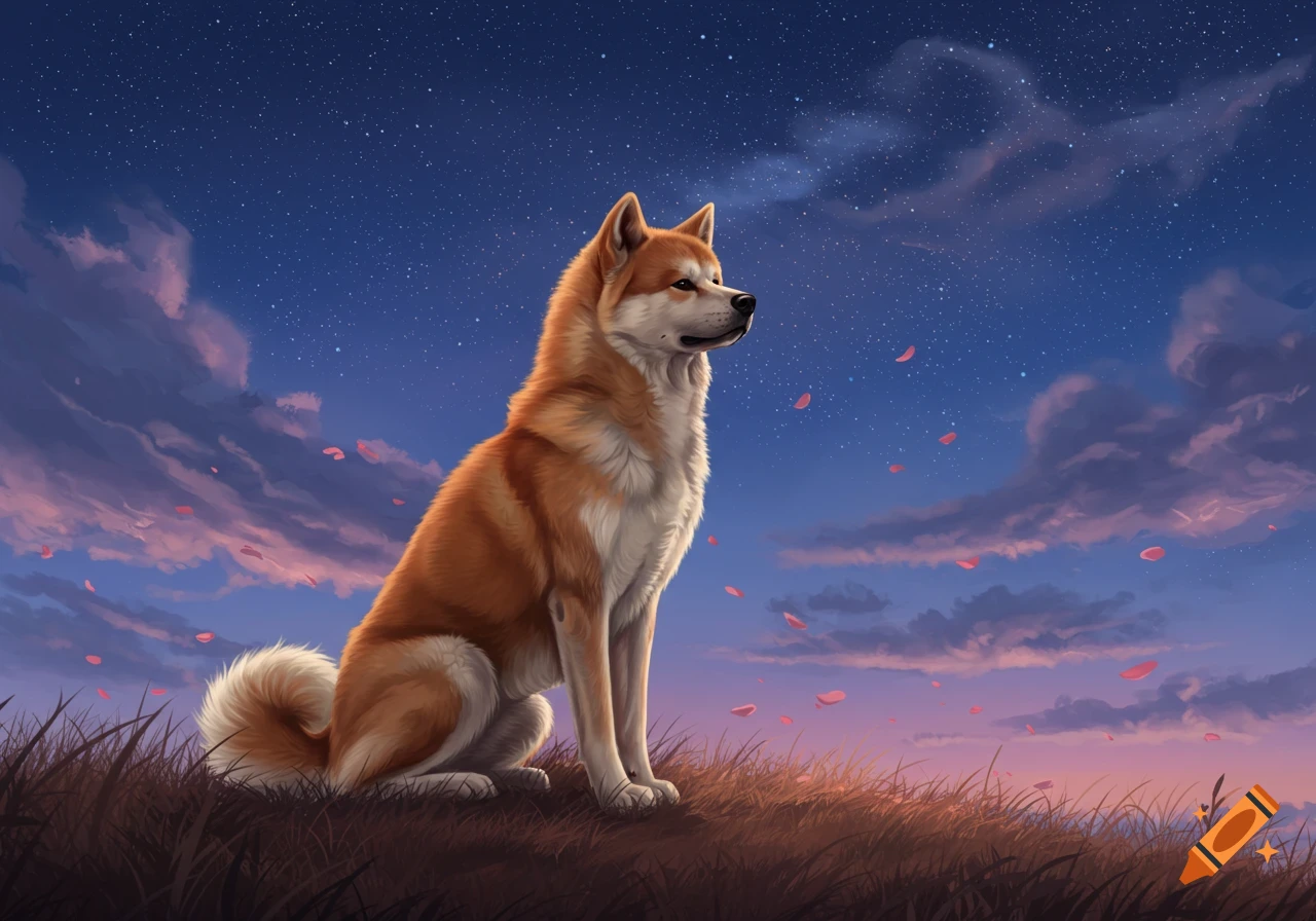 An illustrative brown and white dog sits on a grassy hill under a starry, cloudy sky with falling red petals.