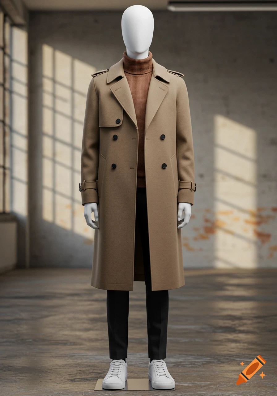 A male mannequin wears a khaki double-breasted trench coat, brown turtleneck, black pants, and white sneakers in a room.