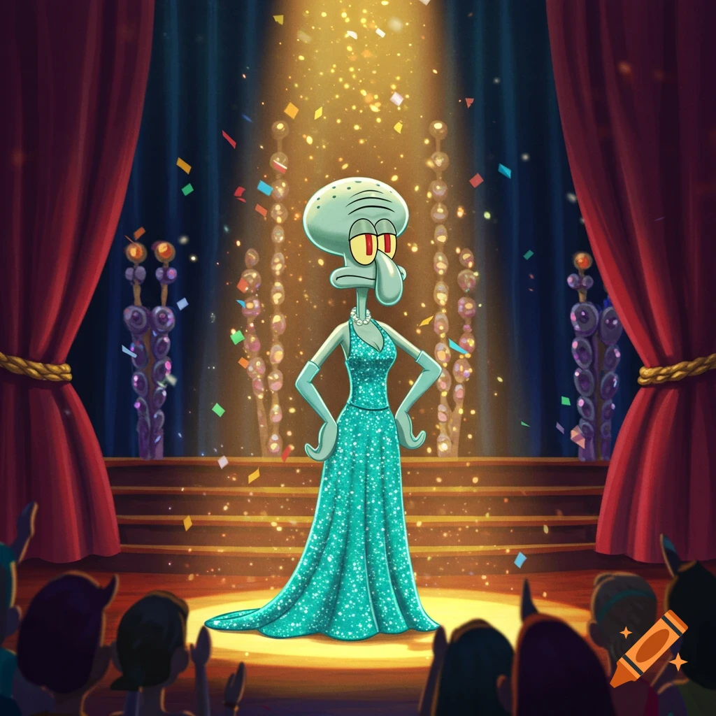 Squidward Tentacles from SpongeBob SquarePants stands on a stage in a sparkling teal gown under a spotlight with confetti.
