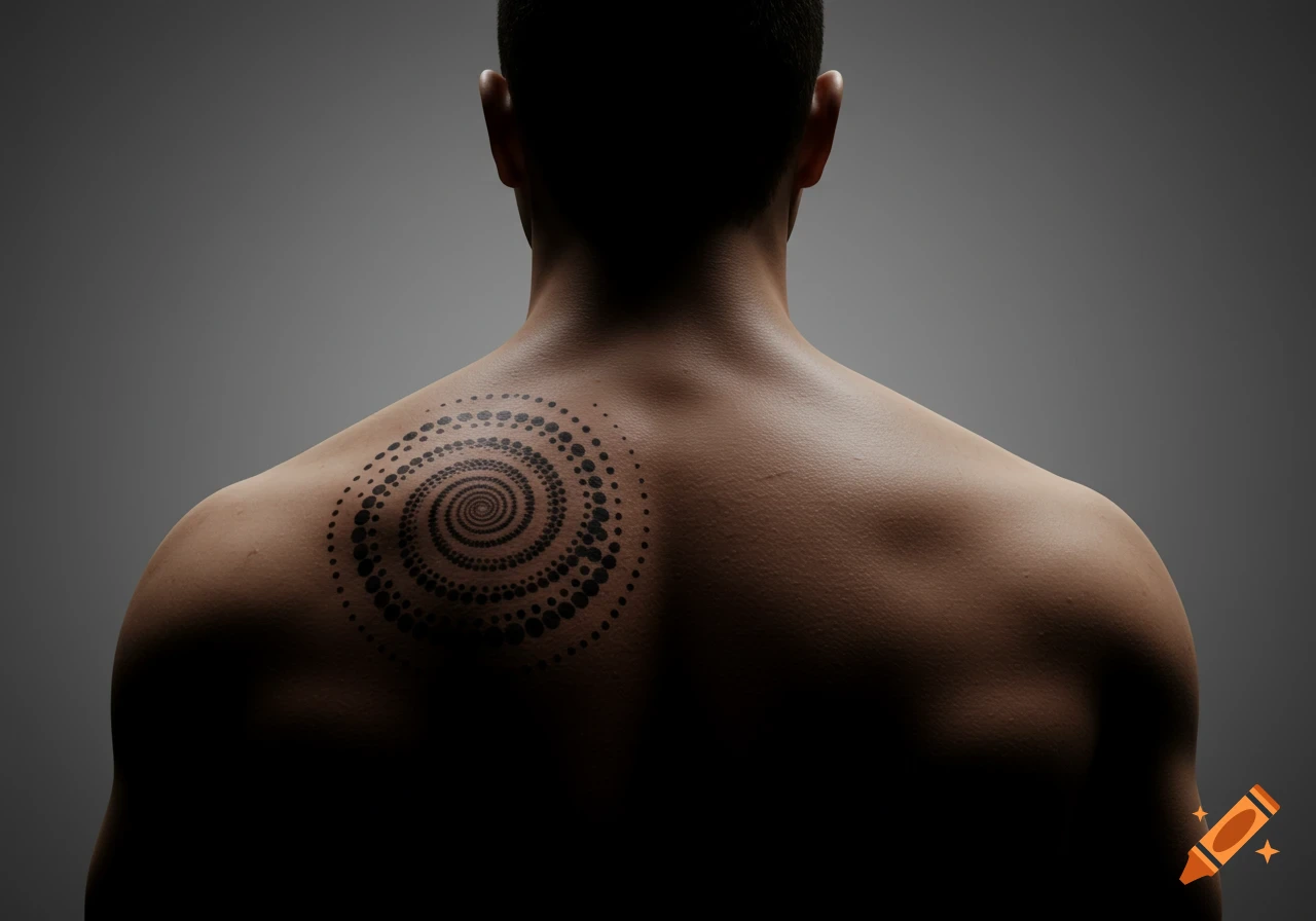 A muscular man seen from behind, with a spiral tattoo made of many dots on his left shoulder.