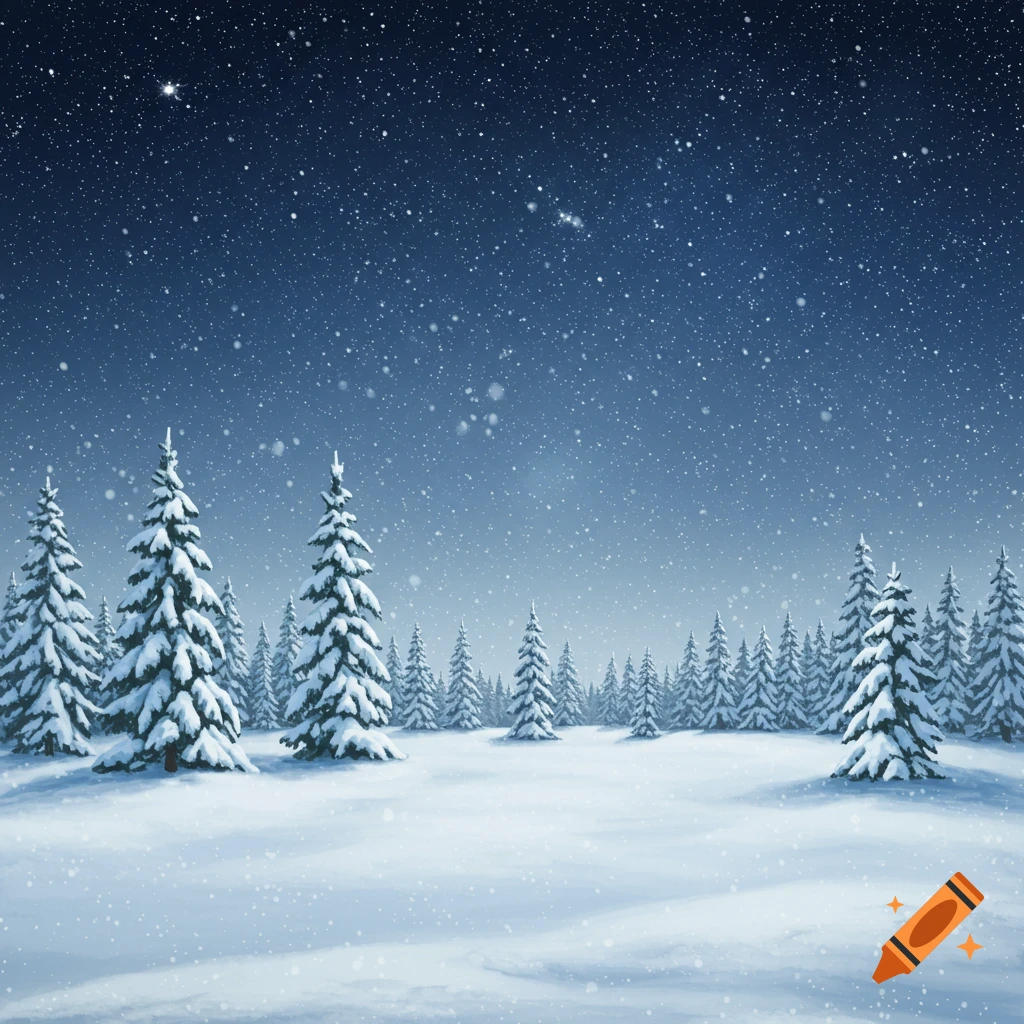 A serene winter landscape with snow-covered evergreen trees under a dark, starry night sky with falling snowflakes.