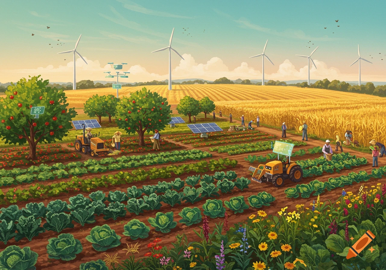 Illustrated future farm with diverse crops, solar panels, automated machinery, and wind turbines under a bright sky.