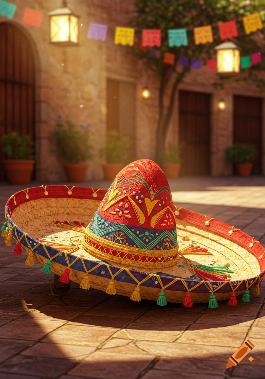 A vibrant, ornate sombrero rests on a sunlit brick patio in a festive courtyard with colorful banners and glowing lanterns in the background.