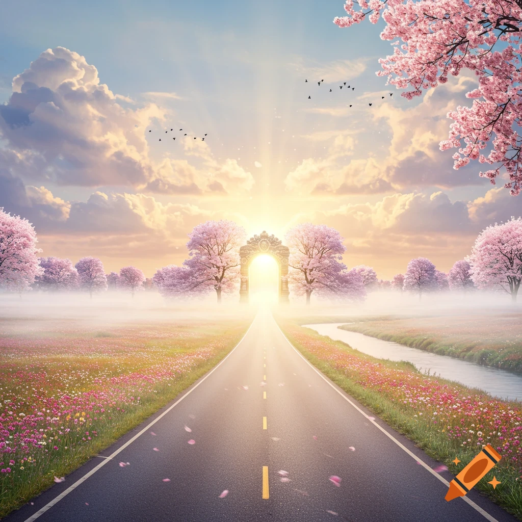 A serene fantasy landscape with a road leading to a glowing archway, surrounded by cherry blossom trees, wildflowers, a river, and a radiant sky.