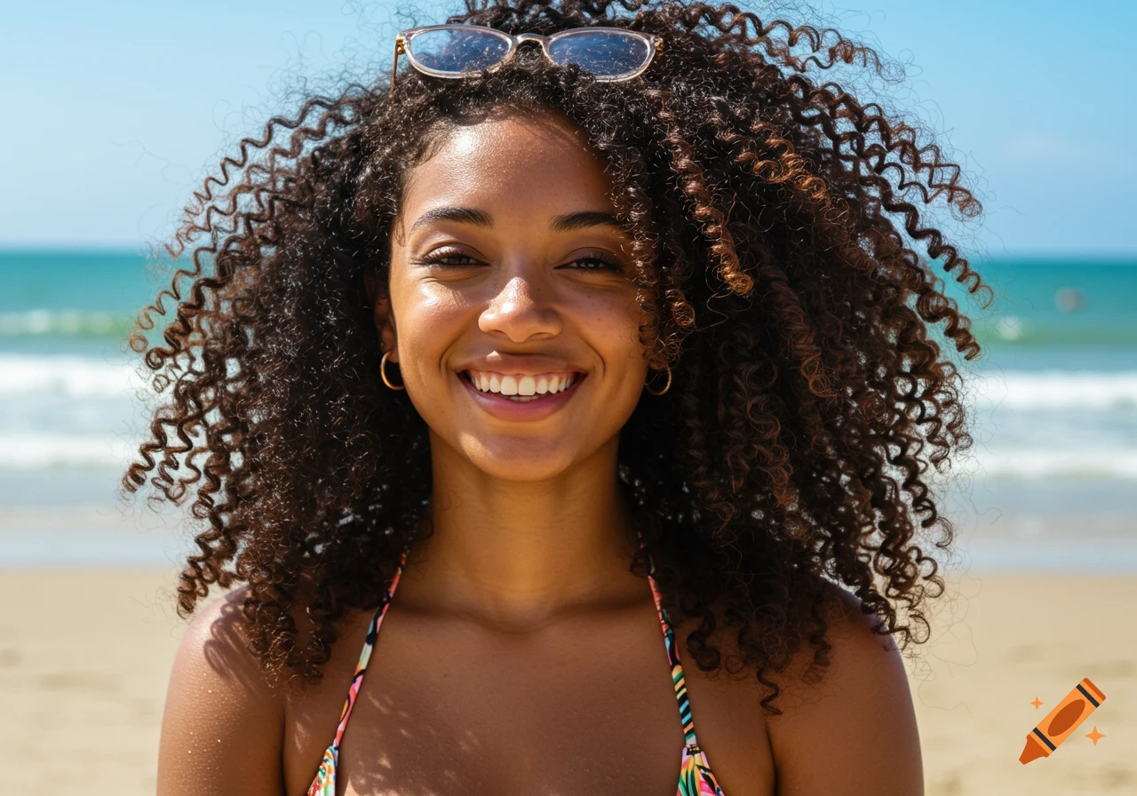 Close-up of a smiling woman with dark curly hair and sunglasses on her head, wearing a colorful bikini top at a sunny beach.