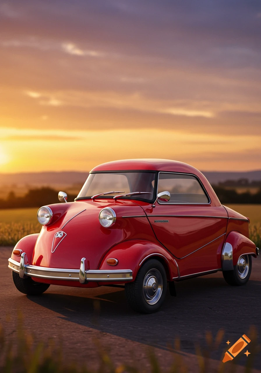A red vintage Messerschmitt KR200 car is parked on a road with a field in the background under a dramatic sunset sky.