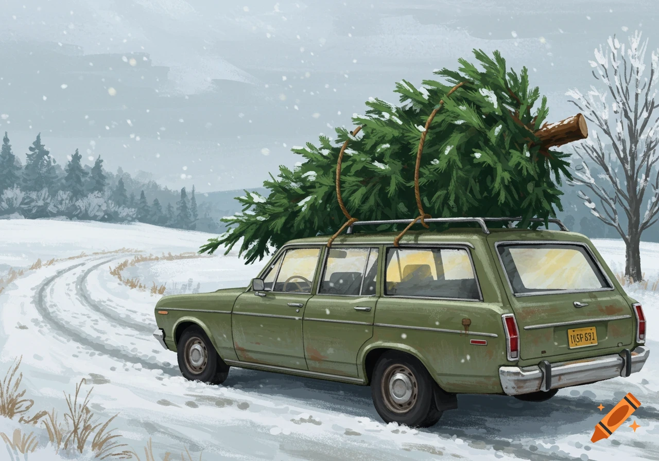 Green station wagon with a Christmas tree on its roof, driving on a snowy road through a winter landscape, painterly.