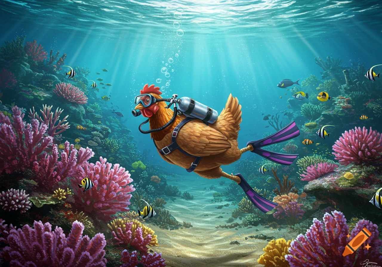 A whimsical, colorful illustration of a chicken wearing scuba gear and fins, swimming happily over a vibrant coral reef filled with fish.